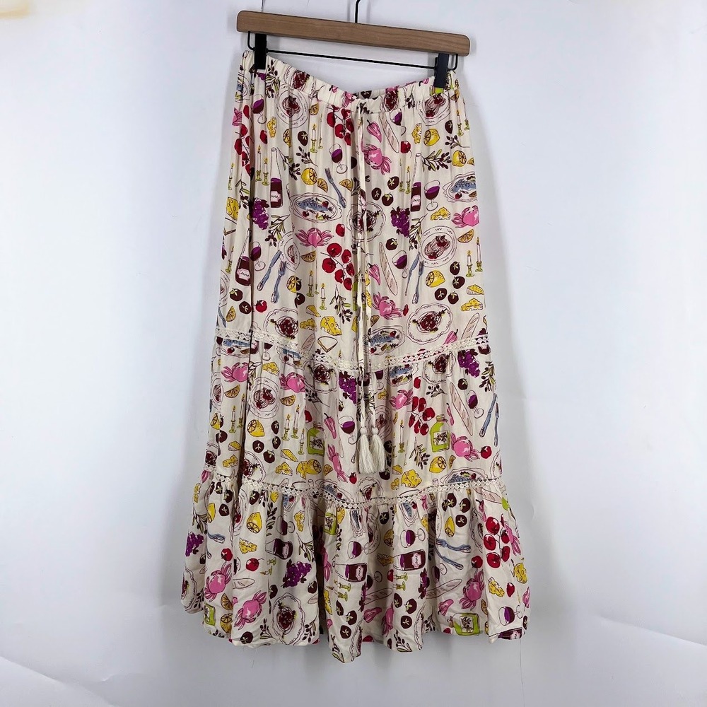 Indigo Rose Cream Dinner Party Print Tiered Maxi Skirt Medium Wine Cheese Boho